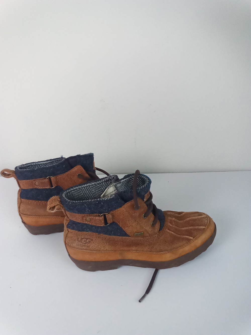 UGG Brown Leather And Suede Duck Boot Quilted Wool Collar EUC Waterproof